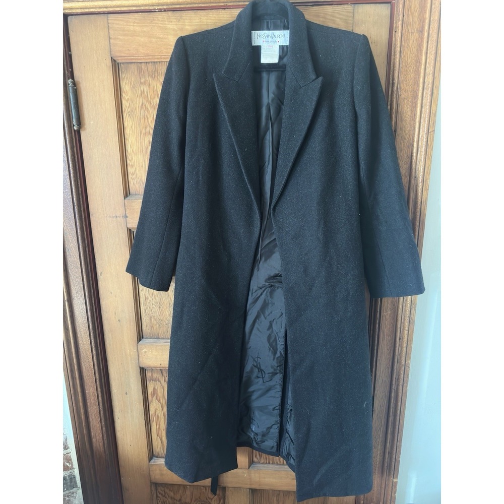 Vintage Yves Saint Laurent Rive Gauche Black Wool Long Coat 36 XS/S Women's Tie